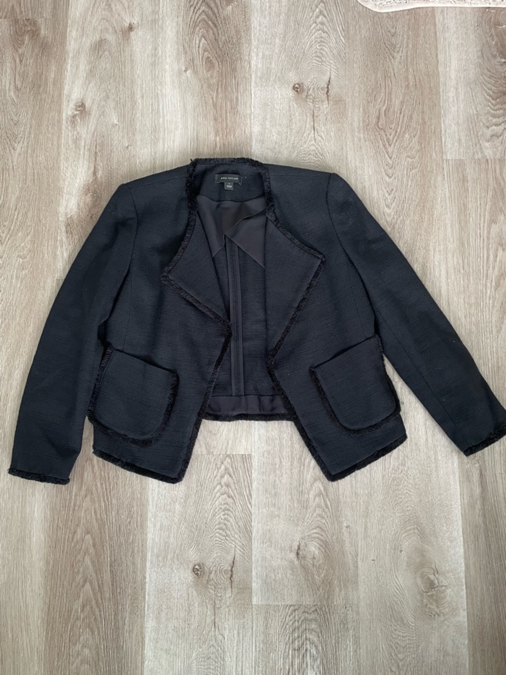 Ann Taylor Women’s Black Fringe Trim Open Front Jacket